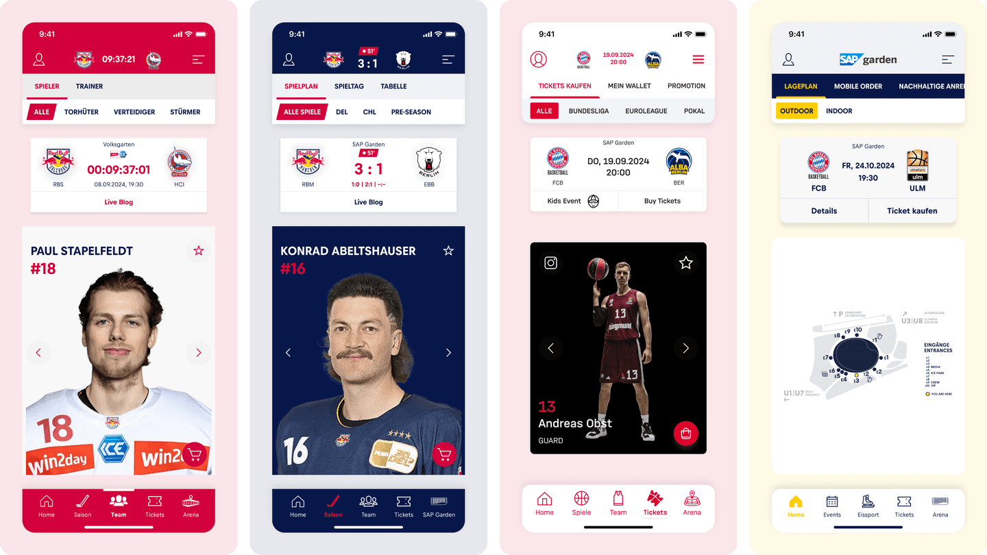 Four mobile app screens showing a sports team interface with player profiles, match scores, ticket purchasing options and venue map.