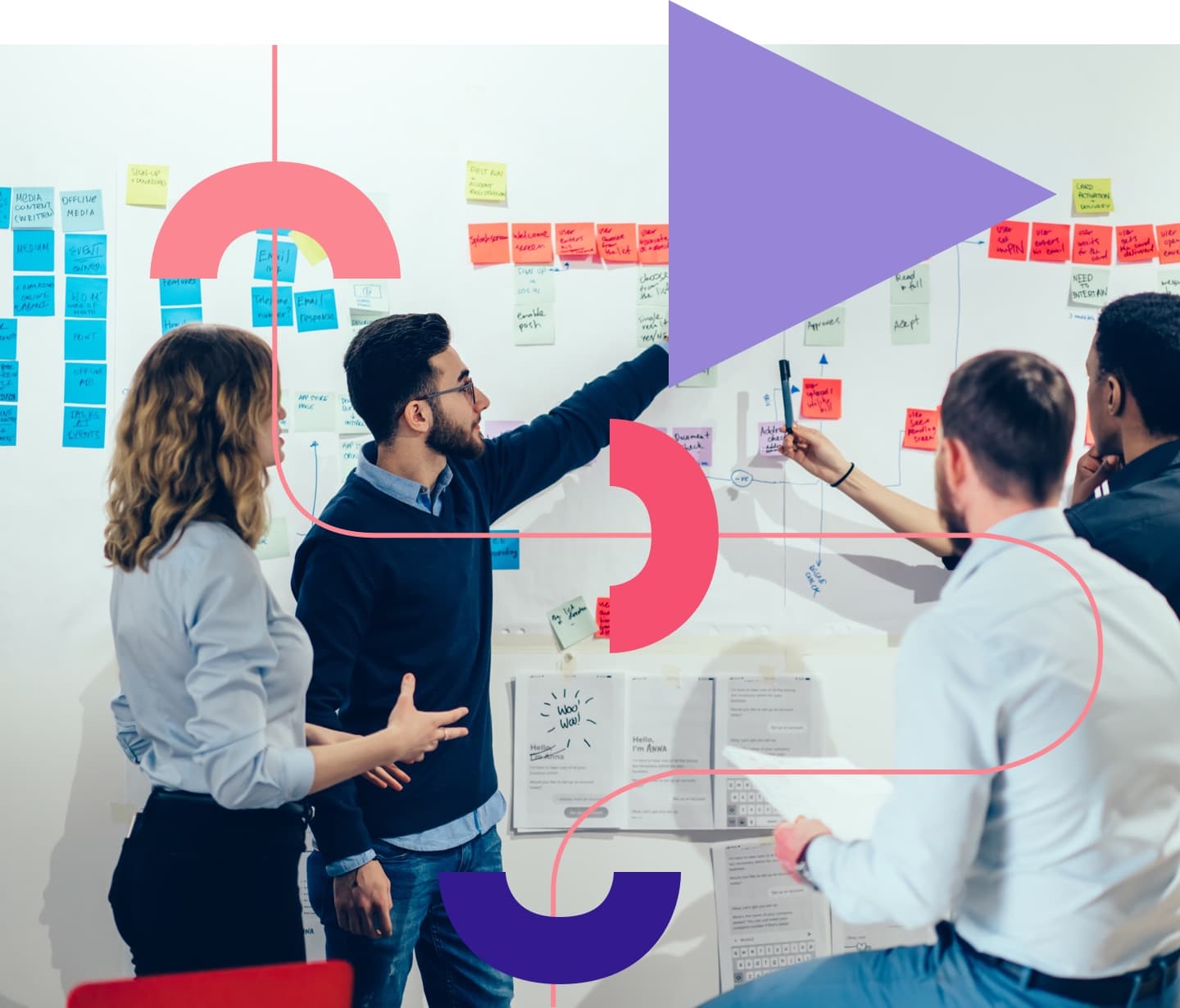 Team collaborating on a project board covered with colourful sticky notes, overlaid with purple and pink graphic elements.