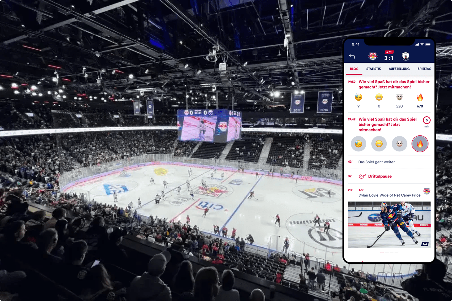 Ice hockey arena with packed crowd watching a match, alongside a mobile app showing live game stats and engagement features.