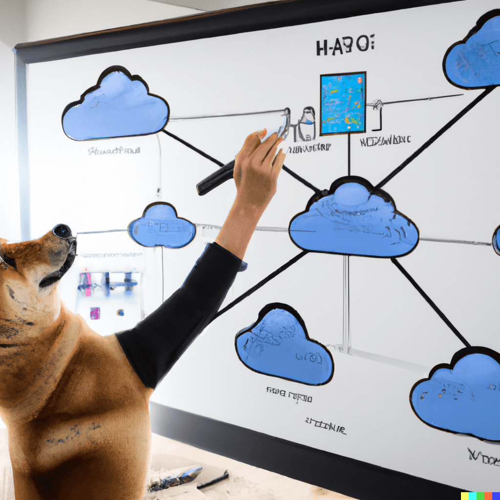 Hand drawing on whiteboard with cloud computing diagram showing interconnected blue cloud shapes and network elements.