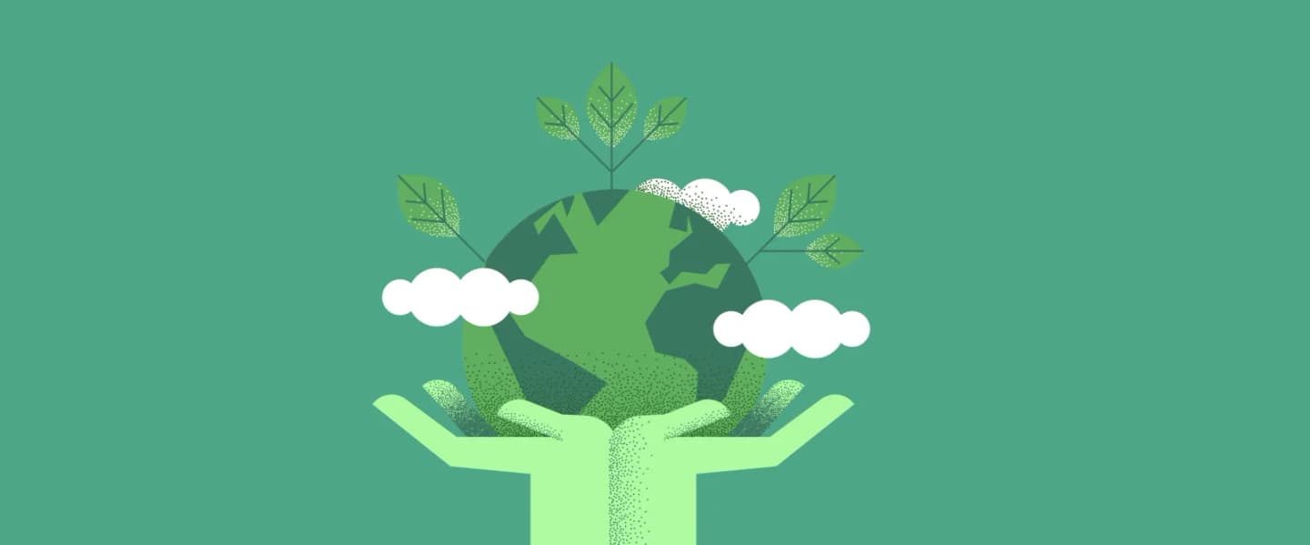 Stylized illustration of green hands holding Earth with trees growing from it and white clouds, on teal background.