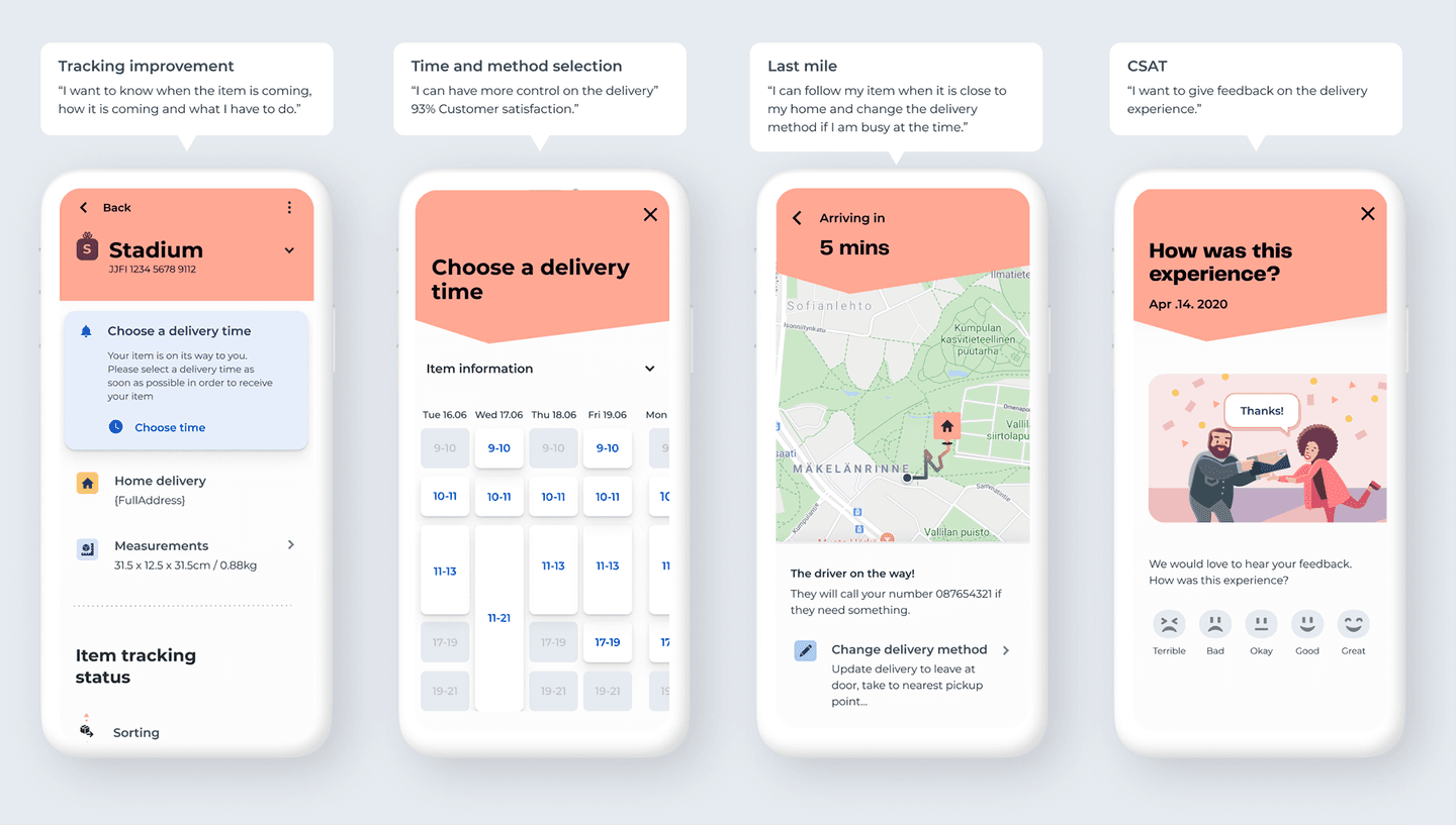 The image shows 4 different app interface screenshots from the Post app featuring their new and improved design across Tracking, Time and method selection, delivery notifications and user feedback.