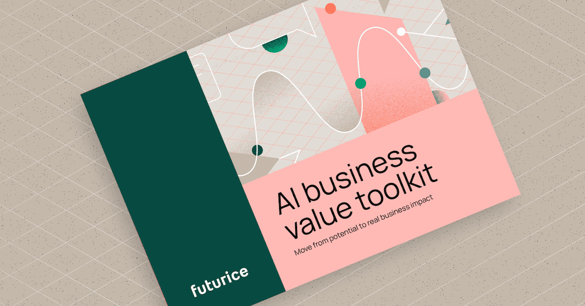 Modern brochure for "AI business value toolkit" with pink and green design featuring abstract geometric patterns and curves.