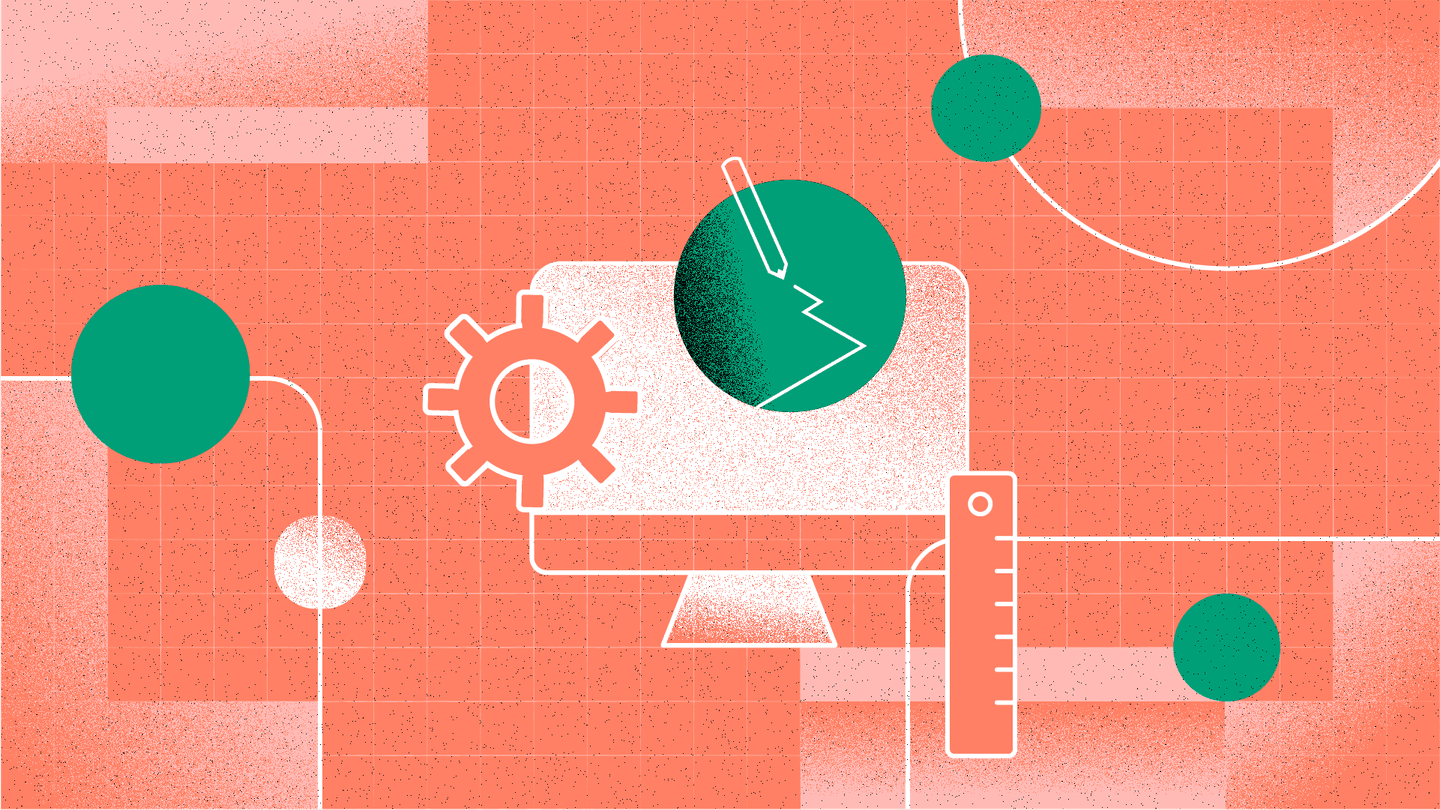 Abstract graphic design with coral background featuring green circles, white computer icon, gear symbol, and design tools.