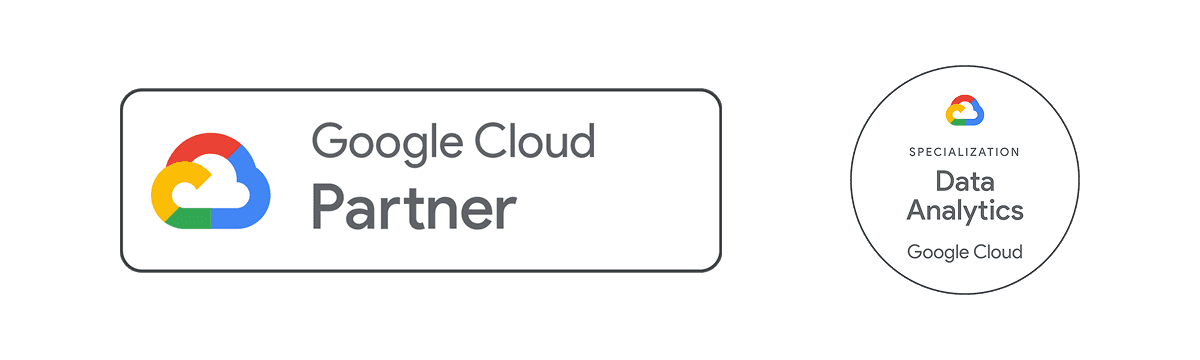 Google Cloud Partner logo alongside Data Analytics Specialization badge with colorful cloud icons.