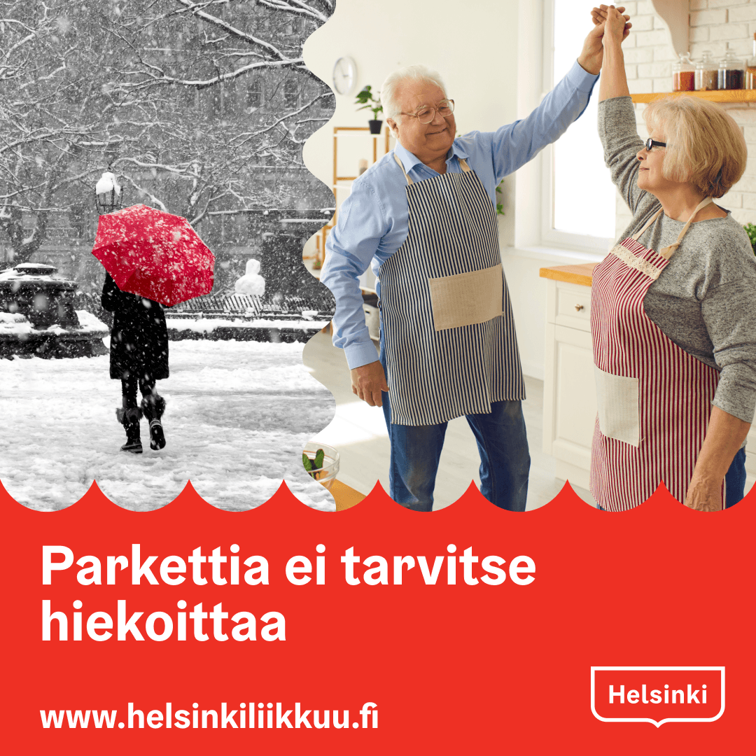 Split image showing a snowy scene with red umbrella and a couple dancing in a kitchen, with Finnish text and Helsinki logo.