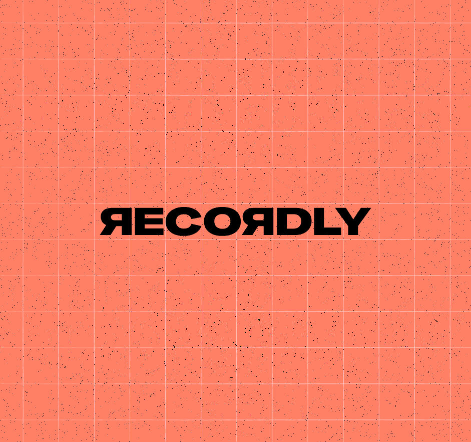 The word "RECORDLY" in bold black text on a coral pink textured background with a grid pattern overlay.