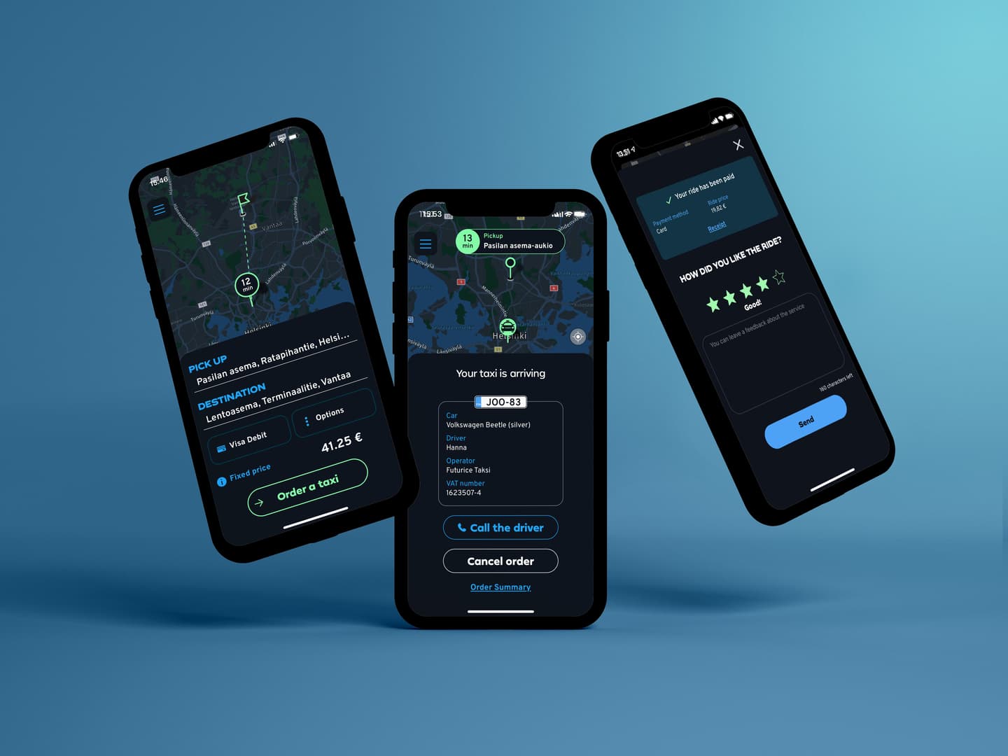Three smartphones displaying a taxi booking app interface showing booking, arrival tracking, and rating screens on blue background.