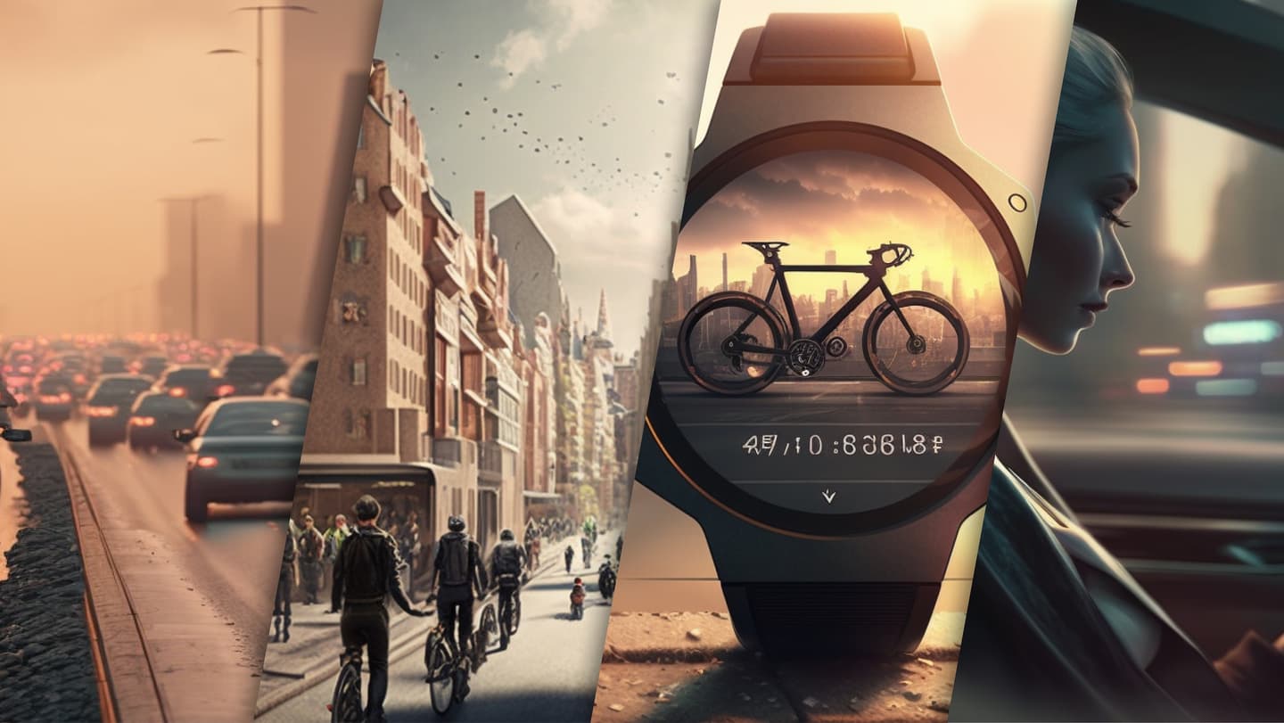 Triptych showing urban mobility: traffic jam, cyclists in a historic street, smartwatch with bicycle display, and person in profile.