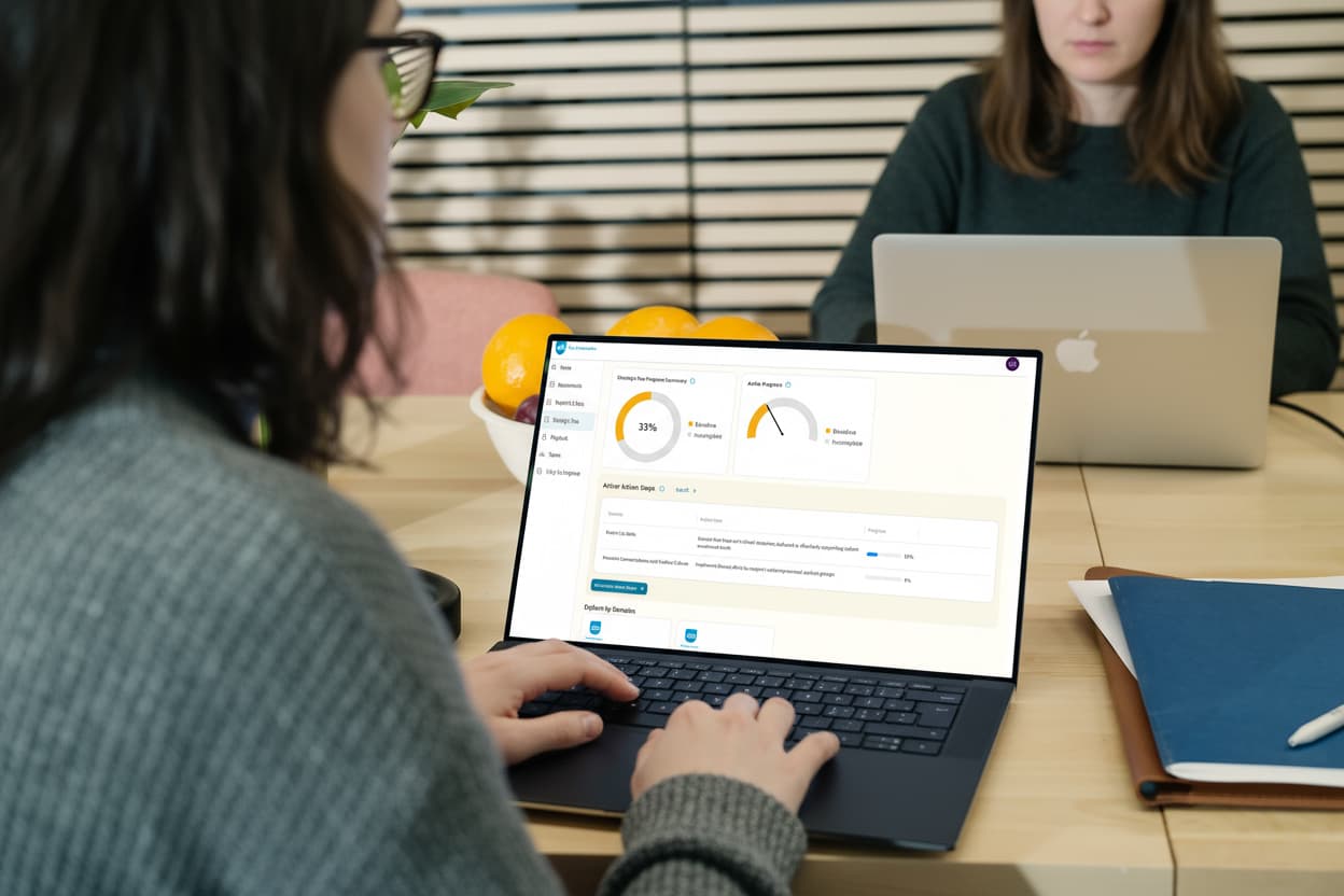Two people working at a table with laptops, one viewing an analytics dashboard showing progress metrics.