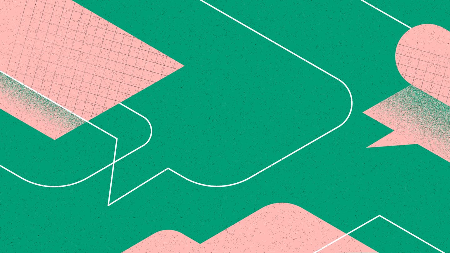 Abstract geometric design with pink shapes on green background, connected by thin white curved lines.