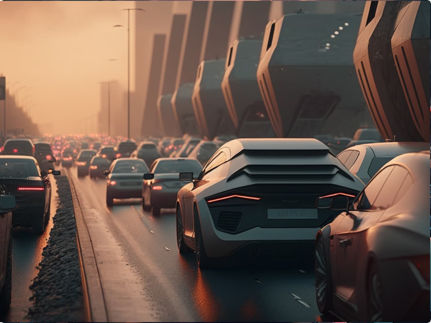 Futuristic sports cars in heavy traffic on a city highway at sunset, with modern architecture alongside the road.