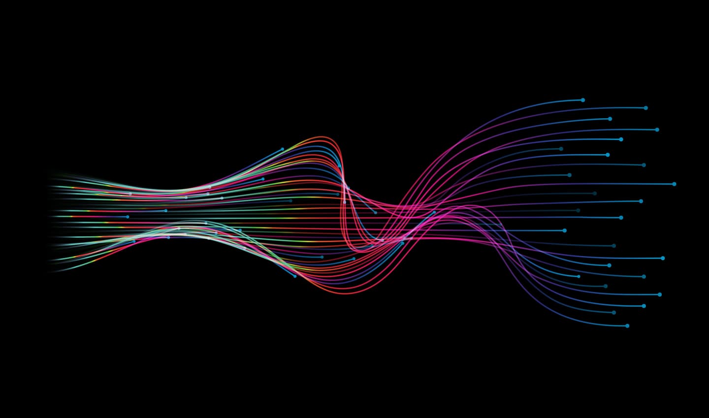 Colourful flowing data visualisation lines in pink, blue, red and green against black background, showing connection patterns.